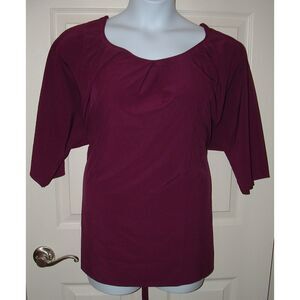LOGO Dark Wine Sz Large Pleated Front Lace Accents Lightweight Stretchy Blouse